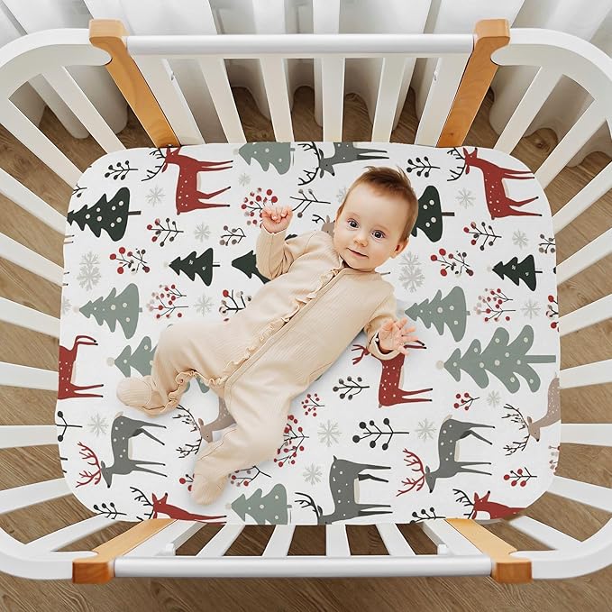 Pfrewn Christmas Crib Sheets for Boys Girls Trees Spruces Reindeer Fitted Crib Sheet for Mini Crib Mattress Stretch Soft Winter Pattern Toddler Baby Playard Sheet,39x27IN