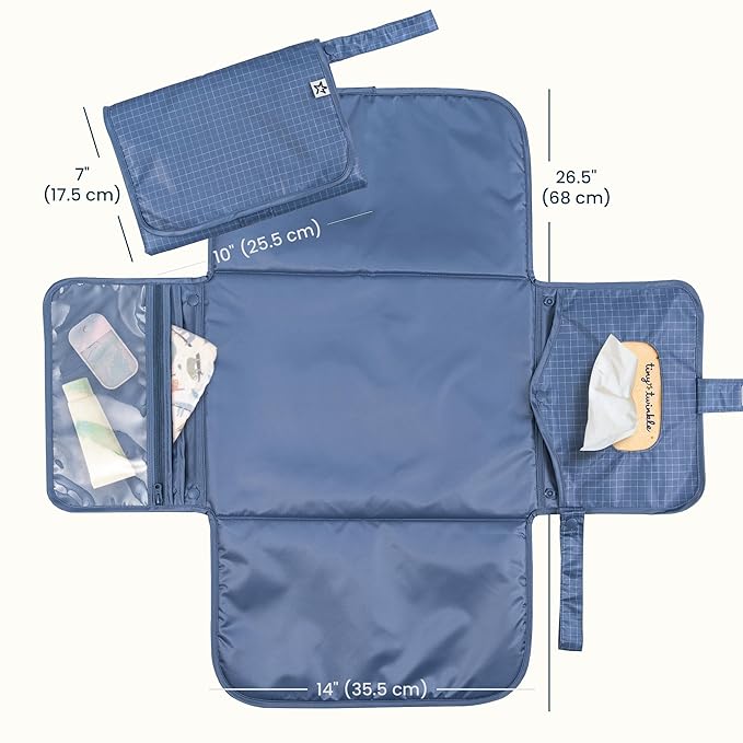 Tiny Twinkle Portable Diaper Changing Pad | Waterproof, Wipeable & Compact Baby Changing Pad for Travel | Smart Wipes Pocket & Organized Storage| Newborn Shower Gift (Grid)