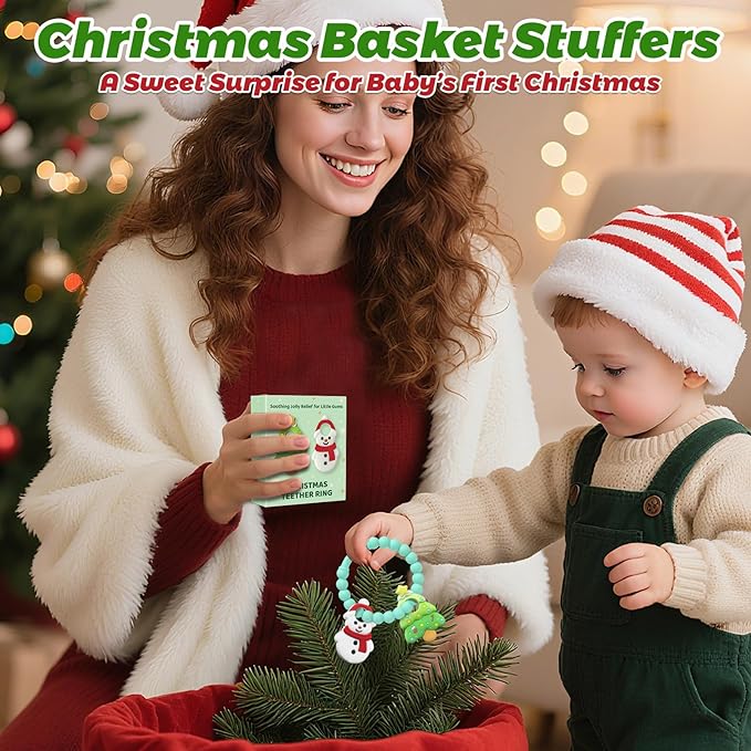 Christmas Baby Teething Toys, Snowman & Tree Silicone Teether for 3-12 Months, Textured Sensory Chewing Ring for Infants & Toddlers, Boo Basket Stuffer, Gift for Baby’s First Christmas