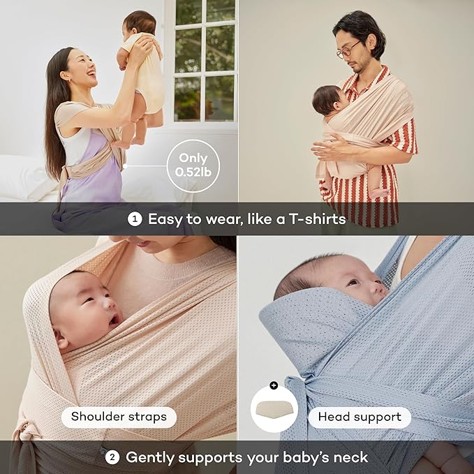 Konny Baby Carrier Flex AirMesh with Head Support- Adjustable, Easy to Wear Baby Wrap Sling, Perfect for Newborn Babies Essentials up to 44 lbs (XS-XL) - Cream