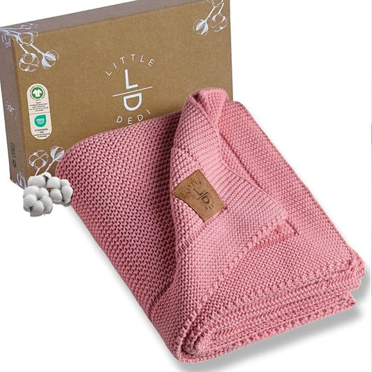 Little Dedi 100% Organic Cotton Baby Knitted Blanket with Gift Box - Soft Toddler, Crib, Stroller Blanket - Neutral Swaddle and Receiving Blanket for Newborns, 30"x40", Color Berry
