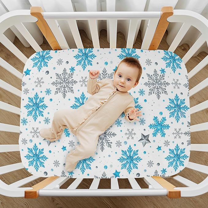 Pfrewn Christmas Crib Sheets for Boys Girls Silver and Blue Glittering Snowflakes Stars Fitted Crib Sheet for Mini Crib Mattress Stretch Soft Winter Pattern Toddler Baby Playard Sheet,39x27IN