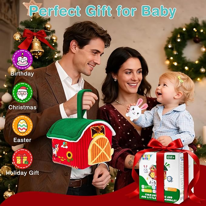 Baby Toys 6-12 Months, Barn Toy with Stuffed Farm Animals - Rattle, Crinkle Paper, Montessori Toys for 1 Year Old, Sensory Toy for Toddlers 1-3 Birthday Gifts Infant Christmas Stocking Stuffers