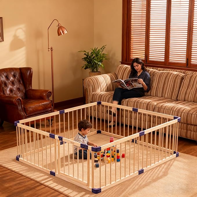 Wooden Baby Playpen for Toddlers,Babies Playars, Wood Fence Play Area with Safety Gate, Indoor Safety Play Yard,Large Play Pen with Locking Gate Activity Center (55x79x24 Inches)