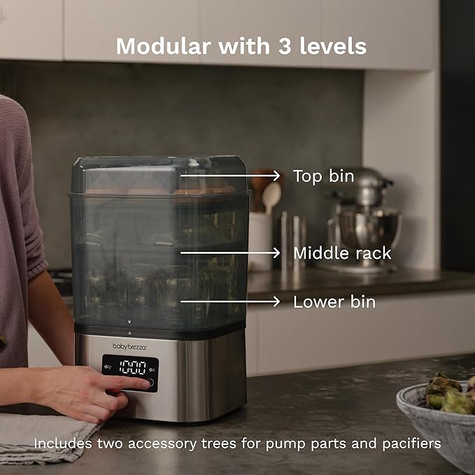 Baby Brezza 10 Minute SuperQuick Bottle Sterilizer + Dryer - Large 8 Bottle Capacity - Steam Sanitization – Universal Fit for All Bottles: Plastic + Glass + Pacifiers + Breast Pump Parts, Stainless