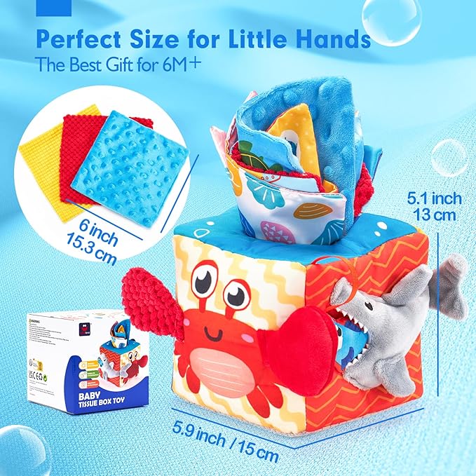 hahaland Baby Tissue Box Toy, Baby Toys 6-12 Months Montessori Toys for 6 Month Old, Textured Tails, Crinkle Tissues, Squeaky, Mirror, Silks Sensoy Scarves Baby Gifts Valentines Easter Basket Stuffers