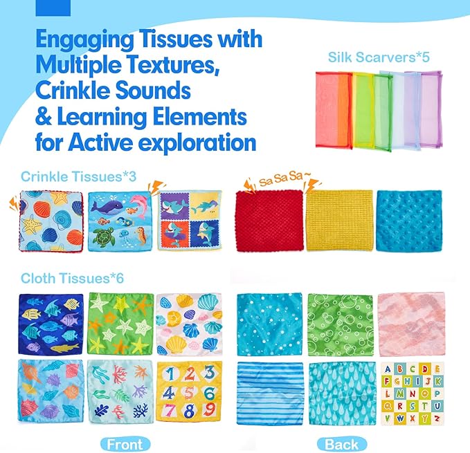 hahaland Baby Tissue Box Toy, Baby Toys 6-12 Months Montessori Toys for 6 Month Old, Textured Tails, Crinkle Tissues, Squeaky, Mirror, Silks Sensoy Scarves Baby Gifts Valentines Easter Basket Stuffers