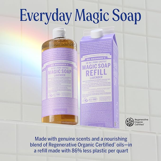 Dr. Bronner's Pure-Castile Liquid Magic Soap Bottle & Refill Carton - Made with Regenerative Organic Certified Oils, 86% Less Plastic per Quart - For Face, Body Wash, Hand Soap Refill- Lavender, 32oz