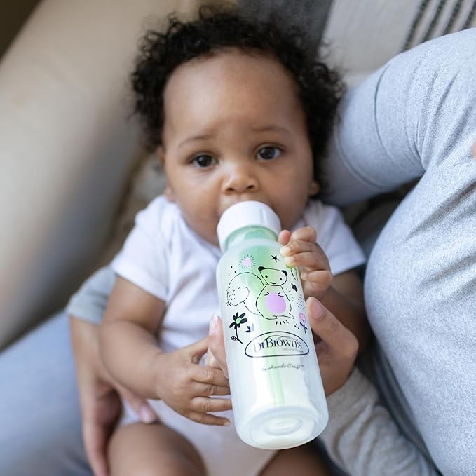 Dr. Brown's Natural Flow Anti-Colic Options+ Narrow Baby Bottle, Goat and Squirrel, 8 oz/250 mL, with Level 1 Slow Flow Nipple, BPA Free, 0m+, 2-Pack
