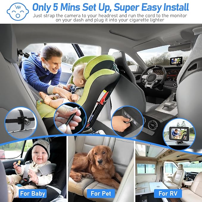 Itomoro Baby Car Camera USB Plug, 4.3" HD Car Baby Monitor with Camera Night Vision, Safety Seat Baby Car Mirror for Rear Facing 5 Mins Easy Installation