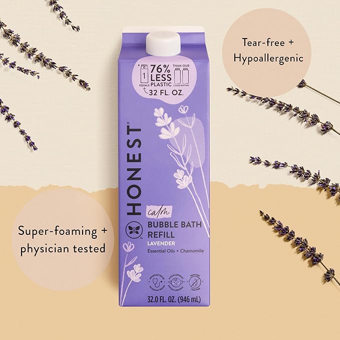 The Honest Company Foaming Bubble Bath Refill Carton, Gentle for Baby, Naturally Derived, Tear-Free, Hypoallergenic, Lavender Calm, 32 fl oz