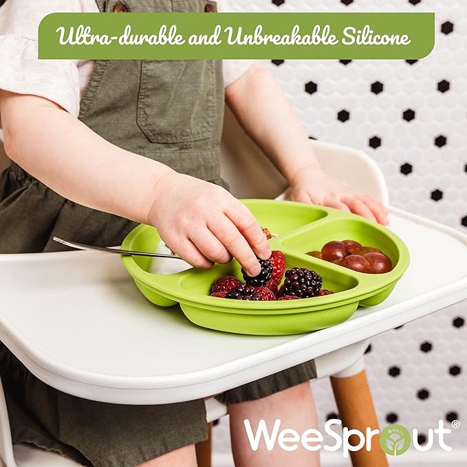 WeeSprout Silicone Plates for Babies & Toddlers (3 Pack) 100% Food-Grade Dishes for Self Feeding, Divided Design & Raised Edges for Picky Eaters, Dishwasher & Microwave Safe Weaning Supplies