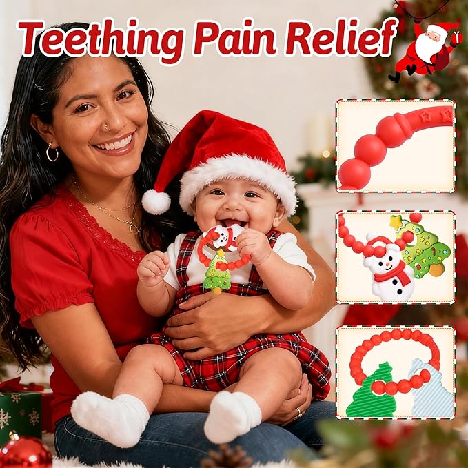 Christmas Baby Teething Toys, Snowman & Tree Textured Silicone Teether for 3-6 6-12 Months BPA-Free Teether Toys, Baby Stocking Stuffers Sensory Christmas Gifts for Infant Boys & Girls