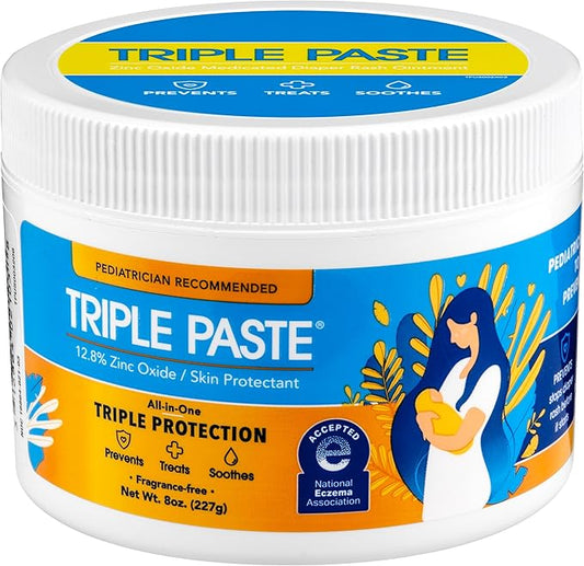 Triple Paste Diaper Rash Cream for Baby - 8 Oz Tub – Zinc Oxide Ointment Treats, Soothes & Prevents Diaper Rash, Pediatrician-Recommended Hypoallergenic Formula, Baby Essentials for Daily & Overnight