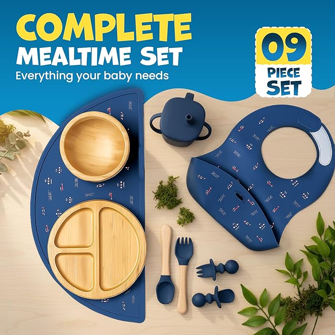 Bamboo & Silicone Baby Feeding Set 8 PCS | Baby Led Weaning Supplies Self Feeding | Divided Suction Plate Bowl Bib Sippy Cup with Straw Utensils Baby Bowls and Spoons Toddler Feeding (Midnight Blue)