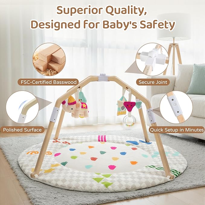 Bella's Friends Circus-Themed Baby Play Gym, 2-Sided High-Contrast Tummy Time Mat with 4 Detachable Sensory Toys, Foldable Wooden Frame Playmat for Stage-Based Development, Baby Essentials Shower Gift