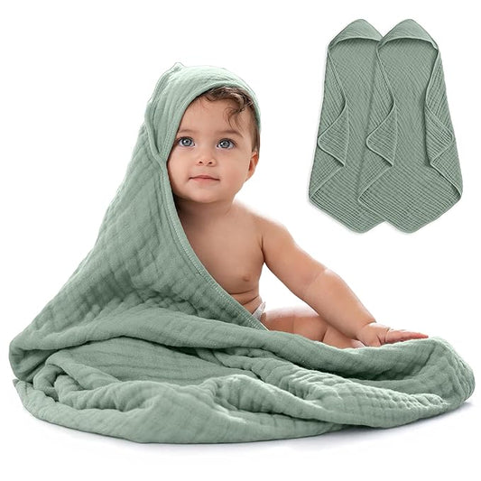 Comfy Cubs Hooded Baby Towel 2-Pack, Large 32 x 32 Inch - 6 Layer 100% Muslin Cotton for Babies, Toddlers and Kids - Soft & Absorbent Baby Bath Towels - Unisex Design for Bath Time - Fern
