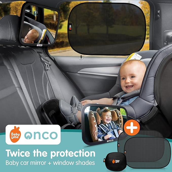 Onco Baby Car Mirror & Car Window Shades Bundle (18.9″ × 12″) - UPF 50+ Window Shade, 100% Shatter-Proof Car Mirror for Baby, Universal Shades & Mirror
