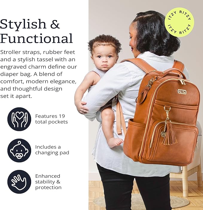 Itzy Ritzy Diaper Bag Backpack – Large Capacity Boss Plus Baby Backpack Diaper Bag Featuring 19 Pockets, Changing Pad, Stroller Clips, and Comfortable Straps (Cognac)