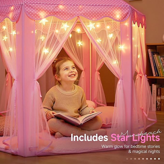 Monobeach Princess Tent Girls Large Playhouse Kids Castle Play Tent with Star Lights Toy for Children Indoor and Outdoor Games, 55'' x 53'' (DxH) (Pink Princess with Play Mat)