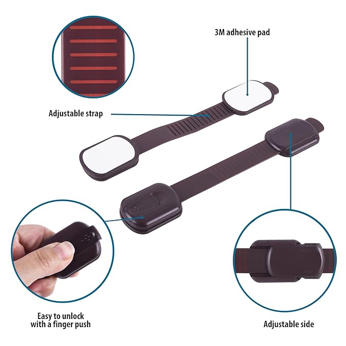 Child Safety Cabinet Locks (8 Pack) – Adjustable Baby Proofing Strap Latches with Strong 3M Adhesive – No Drill Childproof Locks for Drawers, Cabinets, Fridge, Door, Closet, Brown