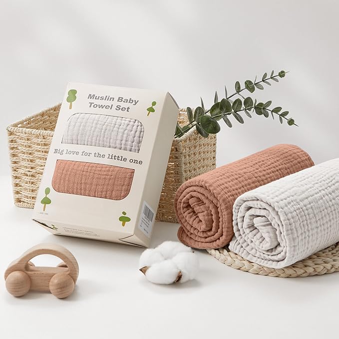 Susurration Hooded Baby Towels for Newborn 2 Pack 100% Muslin Cotton Towel for Babies，Highly Absorbent and Newborn Essential 30x30 Inch Cream&Brown