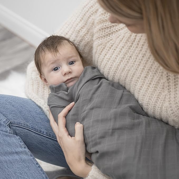 Organic Baby Muslin Swaddle Blankets - Solid Grey and Blue Swaddle Blanket 2 Pack - Soft Organic Cotton and Natural Bamboo Muslin, XLarge and Breathable, 47" X 47"