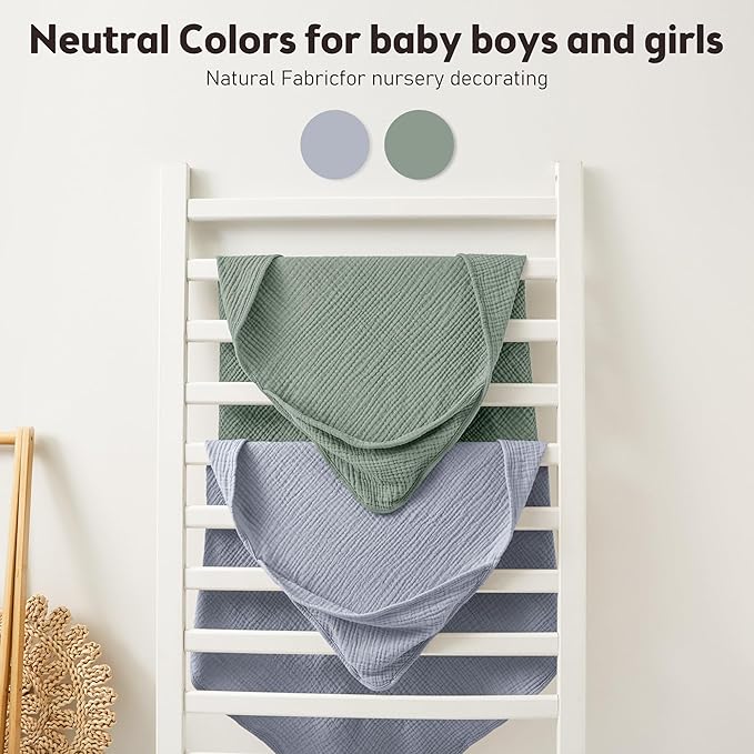 Susurration Hooded Baby Towels for Newborn 2 Pack 100% Muslin Cotton Towel for Babies，Highly Absorbent and Newborn Essential 30x30 Inch Gray&Green