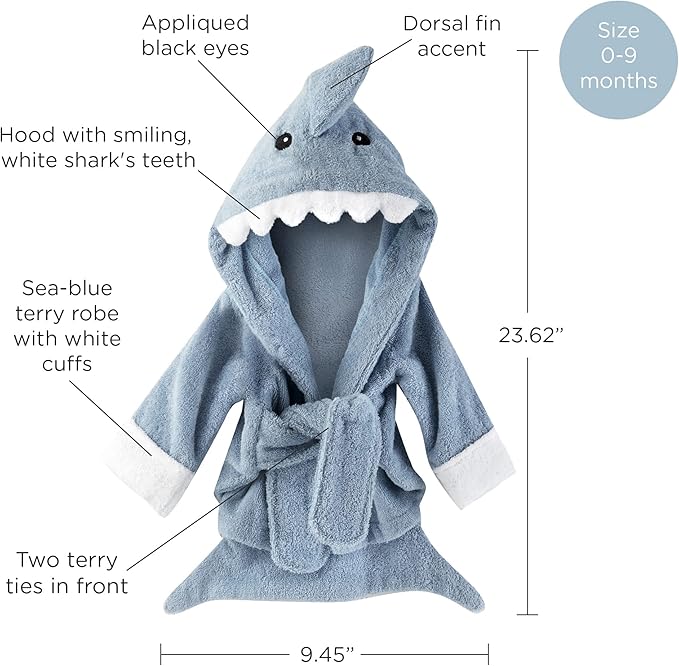 Baby Aspen Baby Shark Hooded Towel/Newborn Spa Bath Robe, Baby Beach Towel | Baby Bath Towel