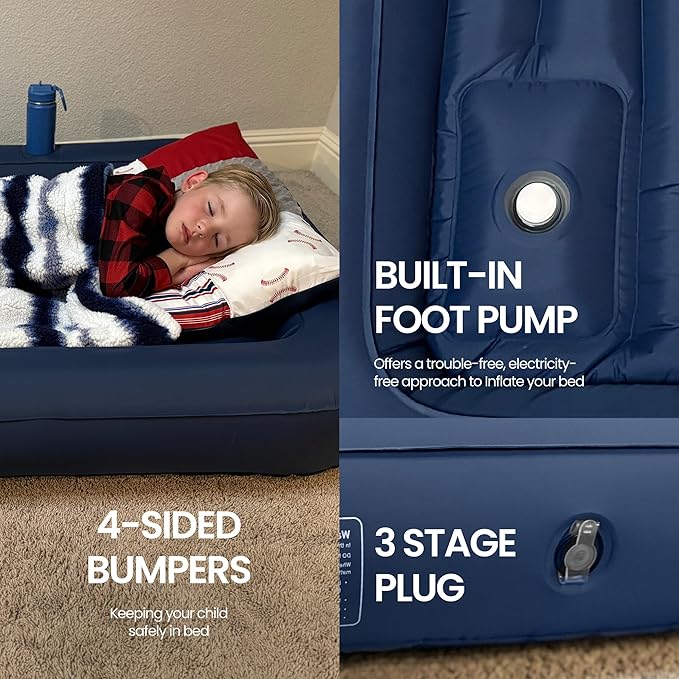 Alpine Ridge - Toddler Travel Bed – Portable Nylon Toddlers Bed with 4-Sided Bumpers – Inflatable Toddler Travel Bed for Camping, Sleepovers – Kids Air Mattress with Built-in Foot Pump