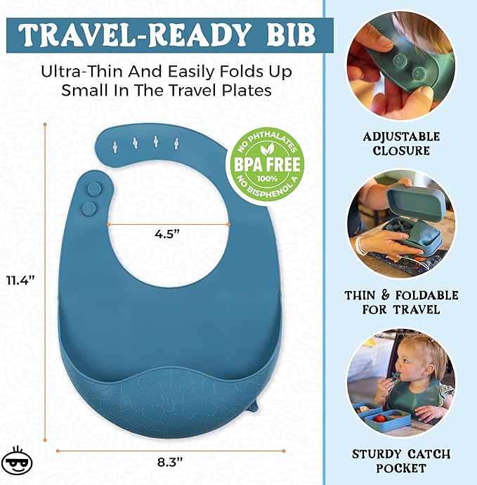 Travel Silicone Baby Feeding Essentials – Portable Toddler Plates with Suction, Soft Baby Spoon & Fork, Lightweight Foldable Silicone Bib & Waterproof Storage Bag – 6 Piece Set (dark blue)