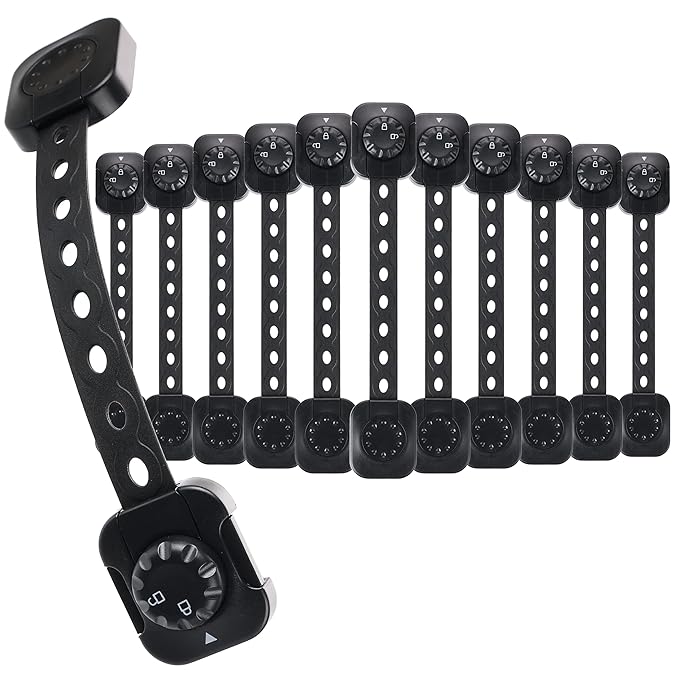 Fursafe&Q Child Safety Cabinet Proofing, Baby Cabinet Locks Adhesive Adjustable Child Safety Strap Locks Drawer Fridge Ovens Toilet Latches No Screws for Furniture Kitchen (Black, 12Pack)