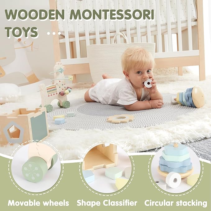 Freniland Montessori Toys for 1 Year Old，3-in-1 Wooden Baby Toys，Wooden Stacking Toy，Toddler Shape Sorting Cube, Llama Ring Toy,Newborn Baby Gift Sets for Boys and Girls