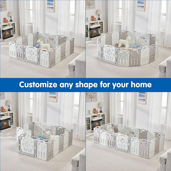 Albott Baby Playpen, Upgraded 14 Panels Foldable Baby Fence with Game Panel and Safety Gate, Adjustable Shape, Portable Play Yards for Children Toddlers Indoors or Outdoors (White+Grey,14 Panel)