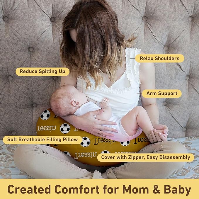 Rucekia Baby Nursing Pillow Cover - Personalized Name Soccer Theme Breastfeeding U-Shaped for Bottle Feeding, Ultra Soft Comfortable Breastfeeding Pillow Cover for Infant Baby Boys and Girls