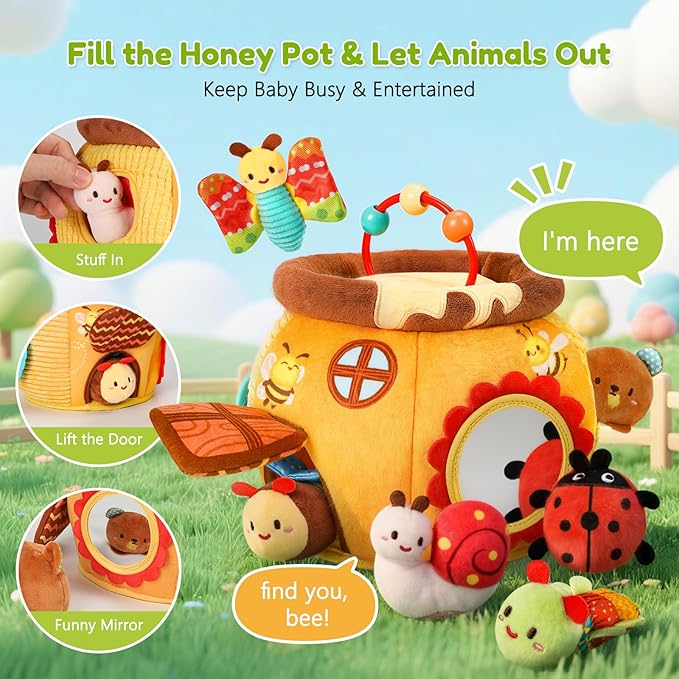 Baby Toys 6-12 Months, Surprise Honey Pot with Sensory Stuffed Animals, Rattle, Crinkle, Mirror, Montessori Toys for Baby Toys 1 Year Old, Infant Toys Christmas Gifts Stocking Stuffers Birthday