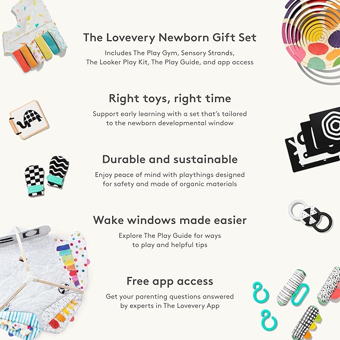 LOVEVERY, The Newborn Gift Set, Play Gym with Sensory Strands and Looker Play Kit, Baby Development Essentials, Ages 0+