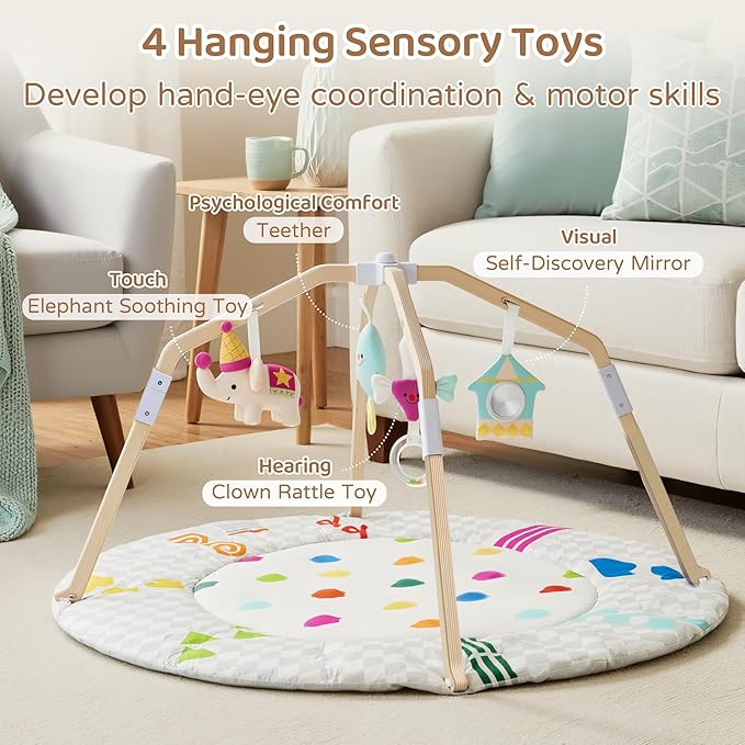 Bella's Friends Circus-Themed Baby Play Gym, 2-Sided High-Contrast Tummy Time Mat with 4 Detachable Sensory Toys, Foldable Wooden Frame Playmat for Stage-Based Development, Baby Essentials Shower Gift