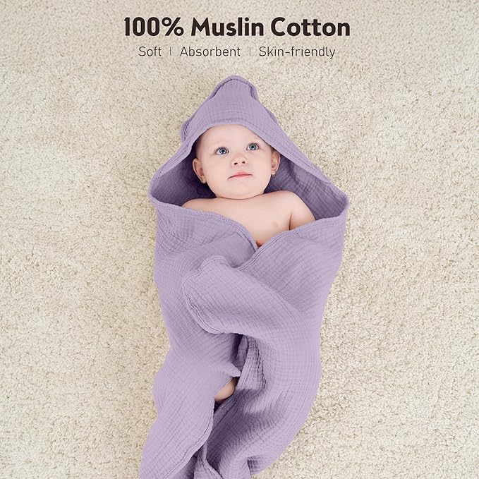 Susurration Hooded Baby Towels for Newborn 2 Pack 100% Muslin Cotton Towel for Babies，Highly Absorbent and Newborn Essential 30x30 Inch Pink&Purple