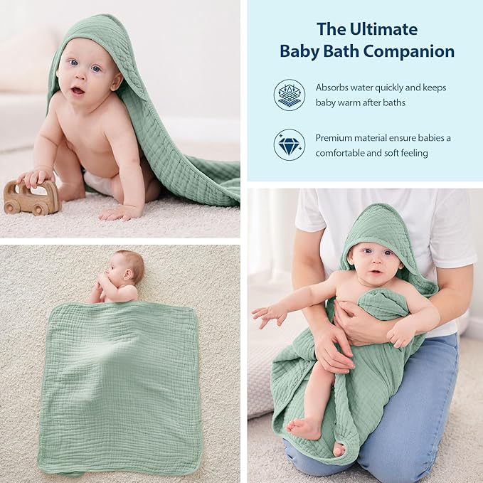 Unnivoll Hooded Baby Towels for Newborn - 2 Pack, 100% Muslin Cotton, Baby Bath Towels with Hood, Soft and Absorbent for Boys, Girls Infant, Toddler and Kids, Large 32x32 Inches, Newborn Essential