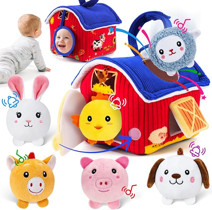 Baby Toys 6-12 Months, Barn Toy with Stuffed Farm Animals - Rattle, Crinkle Paper, Montessori Toys for 1 Year Old, Sensory Toy for Toddlers 1-3 Birthday Gifts Infant Christmas Stocking Stuffers