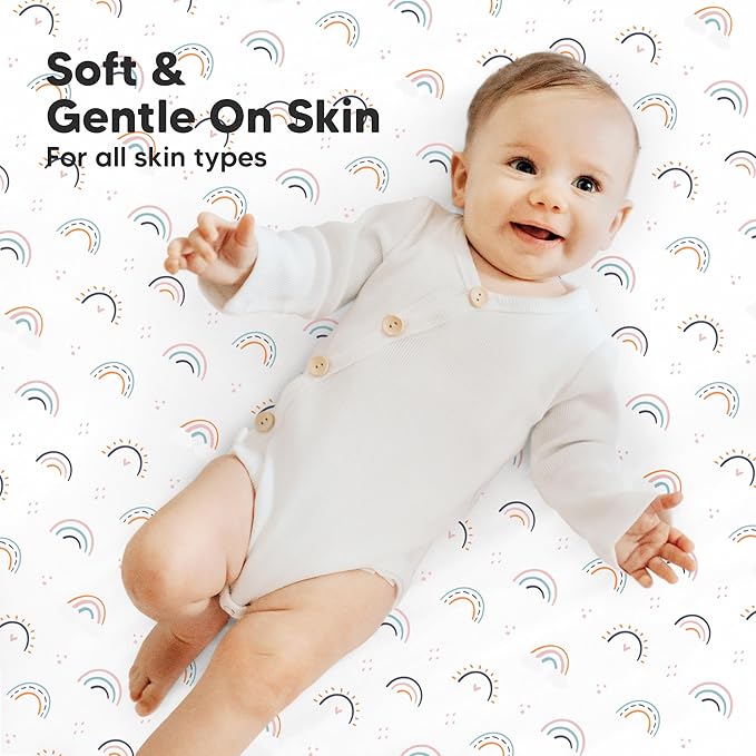 2-Pack Mini Crib Sheets Fitted - 38x26 Pack N Play Sheets for Pack and Play Mattress, Organic Cotton, Soft & Breathable Playard Bedding, Neutral Mini Toddler Bed Cover for Boys, Girls (Jolly Rainbow)