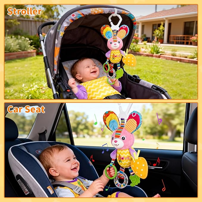 Baby Stroller Toy and Car Seat Toy for Infant with Teether Hanging Rattle Toys Clip on Stroller Toy Soft Plush Baby Toys for Boys and Girls 3-12 Months