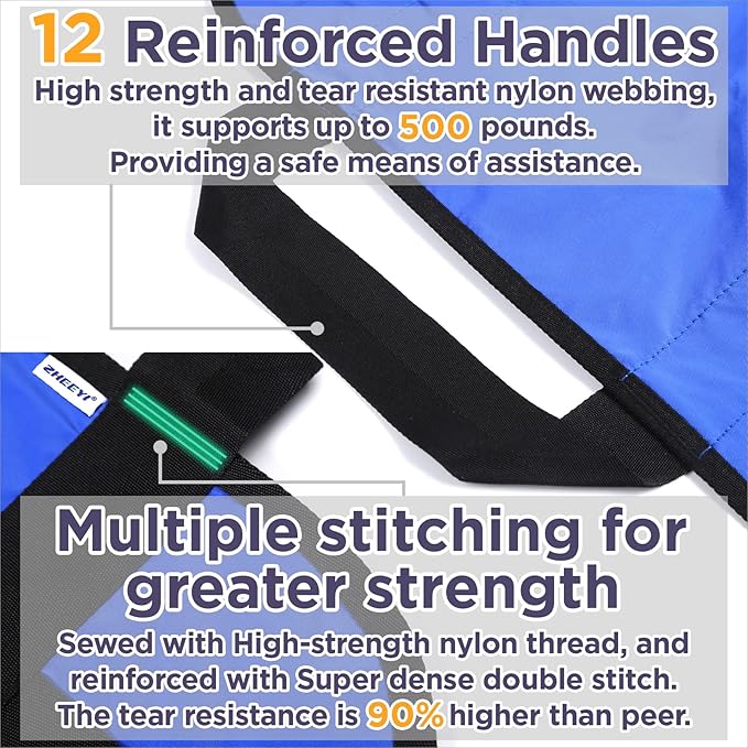 ZHEEYI Bed Positioning Pad with Reinforced Handles 63" x 40" Washable Patient Transfer Slide Sheet for Body Lifting, Turning, Repositioning, for Elderly, Incontinence, Caregiver, Blue