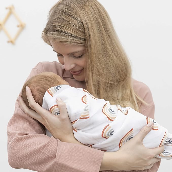 Organic Baby Muslin Swaddle Blankets for Boy or Girl - Sun and Rainbow Swaddling Blanket 2 Pack - Soft Muslin, XLarge and Breathable, Boho Baby, 47" X 47"