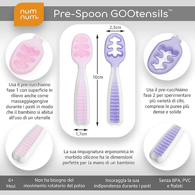 NumNum Baby Spoons Set, Baby Essentials Pre-Spoon GOOtensils for 6+ Months, First Stage Self-Feeding Spoons for Baby Led Weaning (BLW), Silicone Toddler Utensils, BPA-Free, 2 Pack Frosty Lilac/Rosebud