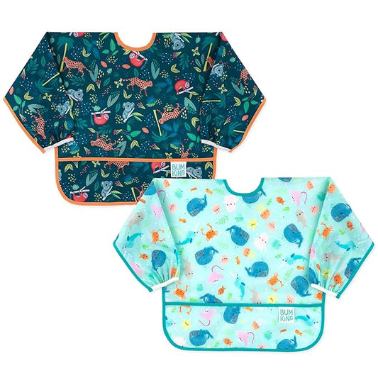 Bumkins - Sleeved Bib - For Boys & Girls, Babies & Toddlers 6-24 Months - Lightweight, Durable, Waterproof - Long Sleeve Bib - Catch-All Pocket - Wipeable & Machine Washable - Jungle & Ocean - 2 Pack