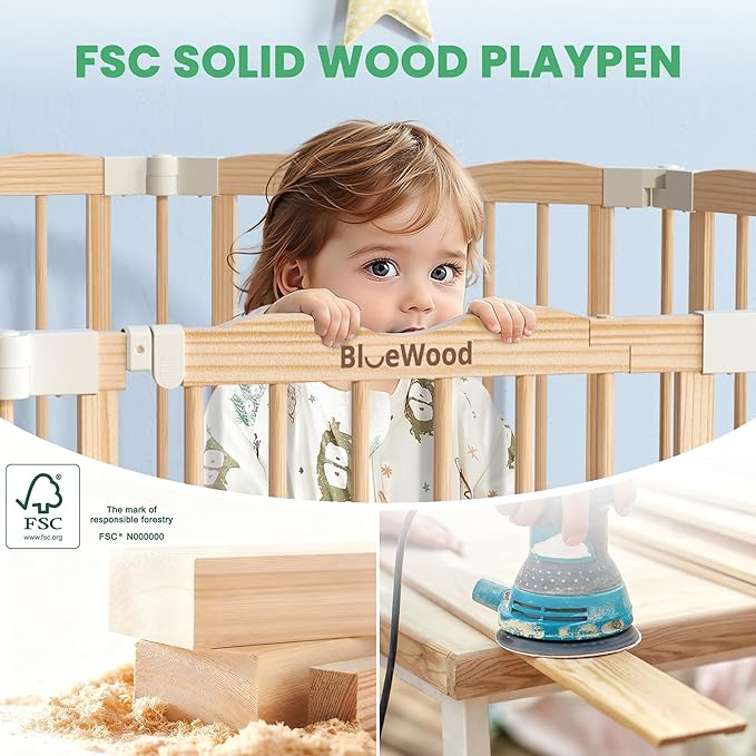 Foldable Wooden Playpen - Adjustable Wood Baby Play Yard with Door, Indoor Large Safety Fence for Babies and Toddlers - Easy Assembly, 10 Panels, Nature Nest