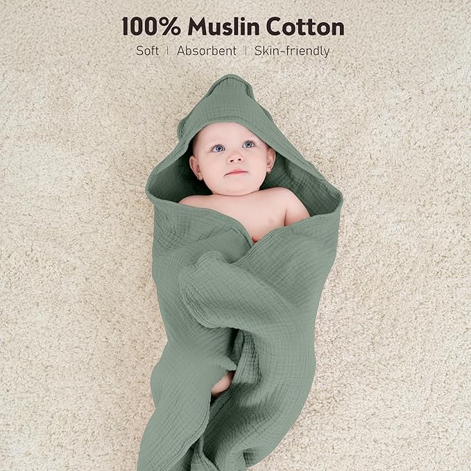 Susurration Hooded Baby Towels for Newborn 2 Pack 100% Muslin Cotton Towel for Babies，Highly Absorbent and Newborn Essential 30x30 Inch Gray&Green