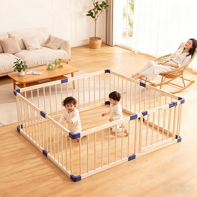 Wooden Baby Playpen for Toddlers,Babies Playars, Wood Fence Play Area with Safety Gate, Indoor Safety Play Yard,Large Play Pen with Locking Gate Activity Center (55x79x24 Inches)